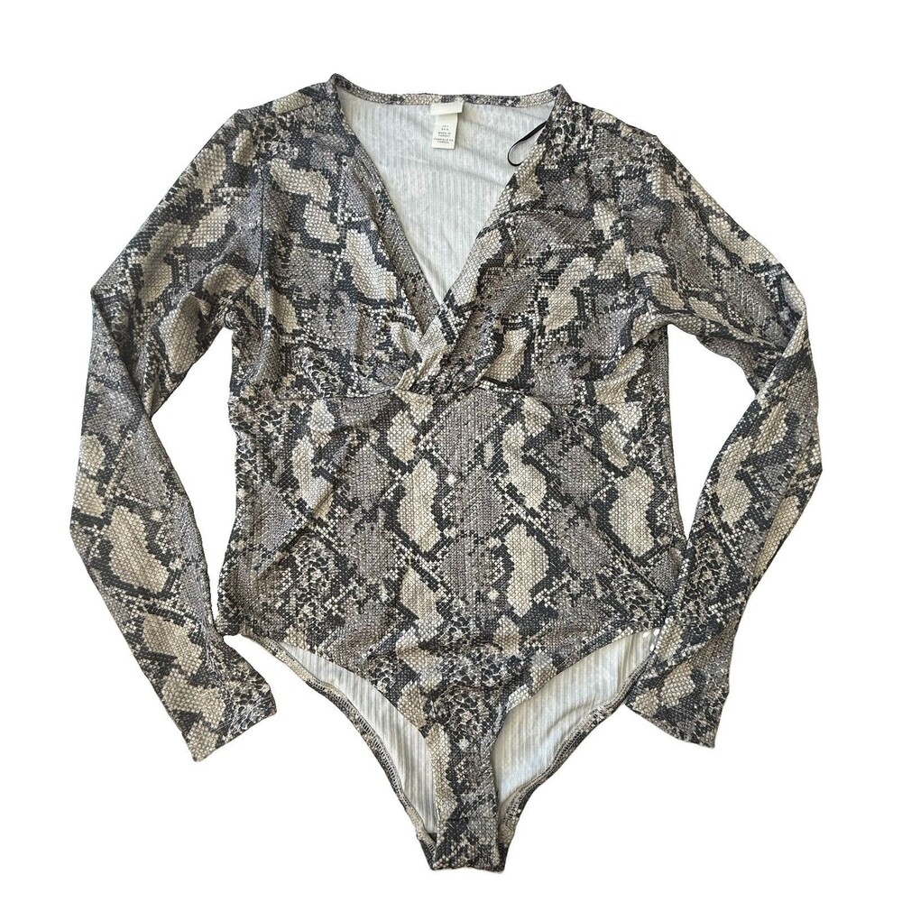 H&M Women’s Gray Snake Print V-Neck Long Sleeve One Piece Bodysuit Size Medium